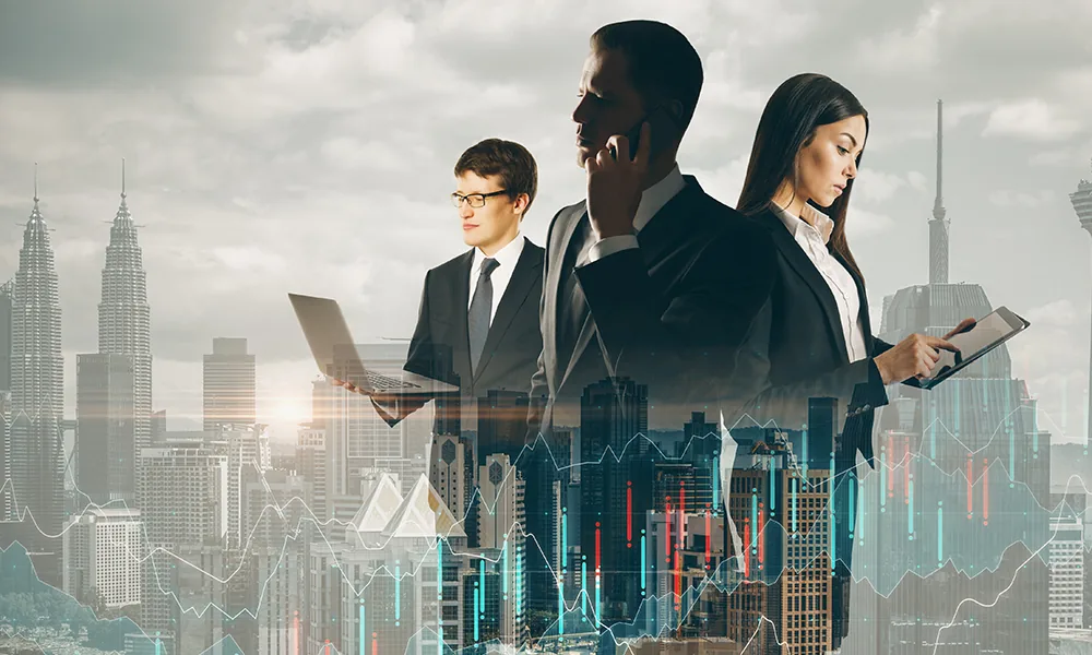 Business professionals over an Asian financial skyline representing global family office wealth management
