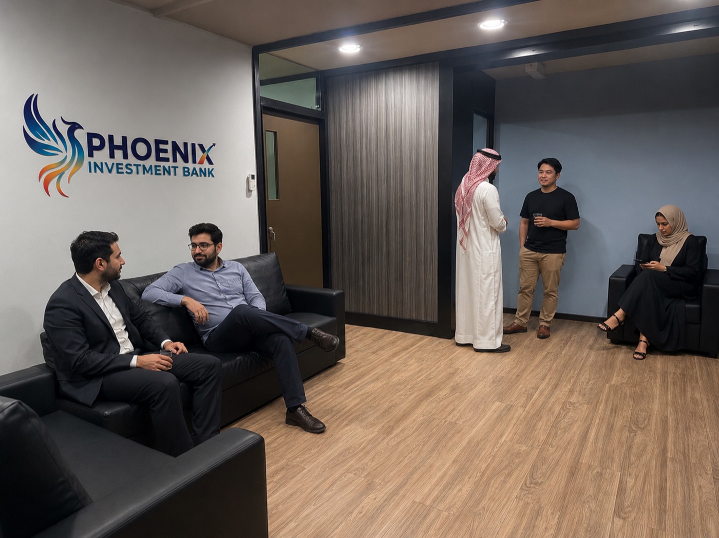 Pasukan Phoenix di ruang rehat pejabat di bawah logo Phoenix Investment Bank (Labuan) Ltd.